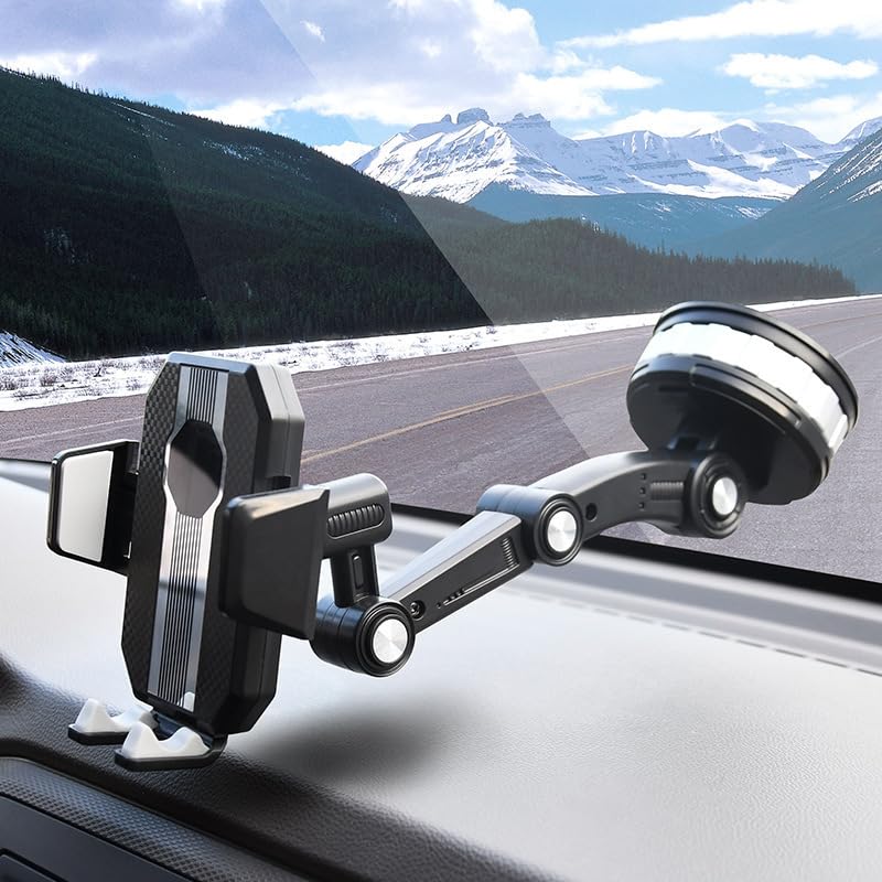 Car Phone Holder Powerful Suction with Stable Clamp Arm Cell Phone Holder for All iPhone Android Phone 90° Adjustable Phone Mount for Car Windshield