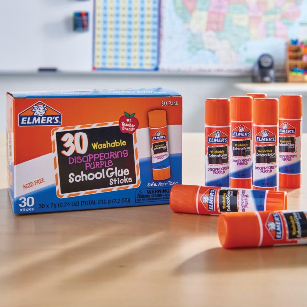 Elmer’s Disappearing Purple School Glue Sticks, Washable, 7g, 30 Count - Bulk Pack for Classrooms, 1 Teacher Brand