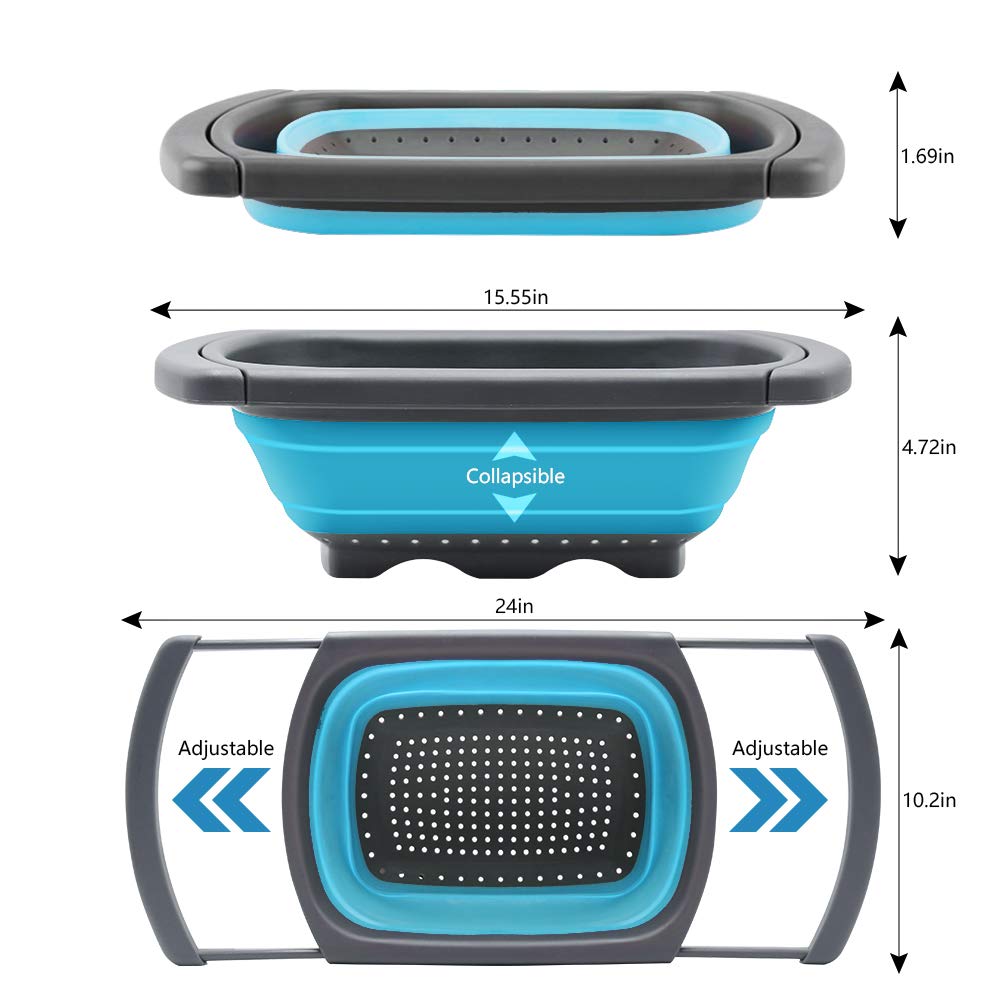 Qimh Colander collapsible, Colander Strainer Over The Sink Vegetable Fruit Strainer Basket (6 Quart) with Extendable Handles, New Kitchen Essentials