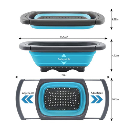 Qimh Colander collapsible, Colander Strainer Over The Sink Vegetable Fruit Strainer Basket (6 Quart) with Extendable Handles, New Kitchen Essentials