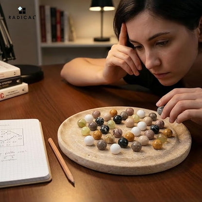 Marble Solitaire Game 10 Inch Travertine Handmade Peg Solitaire Board Game with Marbles Classic Marble Puzzle Game for Adults Modern Tabletop Brain Teaser
