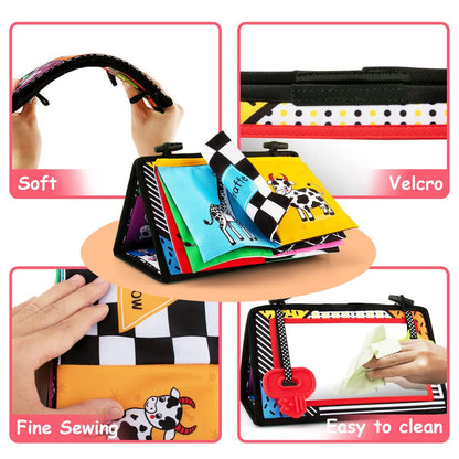 3-in-1 Tummy Time Mirror with Soft Crinkle 3D Activity Book, Teethers, Rattle - High Contrast Black and White Montessori Baby Crawling Toys Developmental Newborn Infant Sensory Toys Gift 0-12 Months