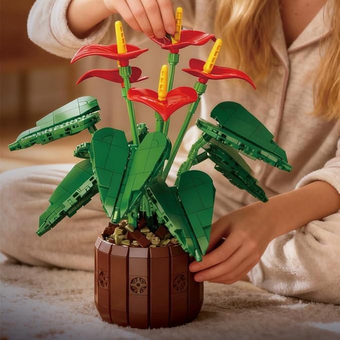 39120 Red Anthuriums Building Blocks Flower Set 732 Pieces of Floral and Plant Series Block Sets Adult Creative Enthusiast Model Gifts and Unique Collectibles Can be Used for Room Decoration