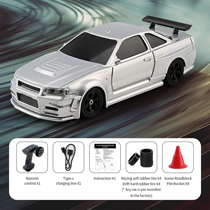 HERR RC Electric Mini Racing Drift Car Model 1:43 Scale 2.4G Full Scale Linkage Light Set Max Speed 15km/h Indoor Mini RC Toys Hobbyist Gift Black White (RTR Version/Silver)