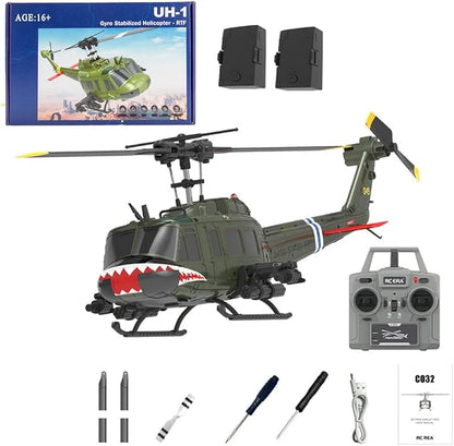 C032 UH-1 Huey RC Helicopter for Adults 1/48 Scale 2.4G 6CH Flybarless Stunt RC Plane 6-Axis Gyroscope Optical Flow Positioning TOF Lidar Height Setting for Beginners (Shark Mouth(2 Batteries))