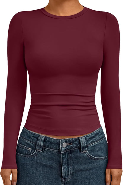 AUTOMET Womens Long Sleeve Shirts Basic Compression Going Out Crop Tops Fall Fashion Y2K Clothes 2025