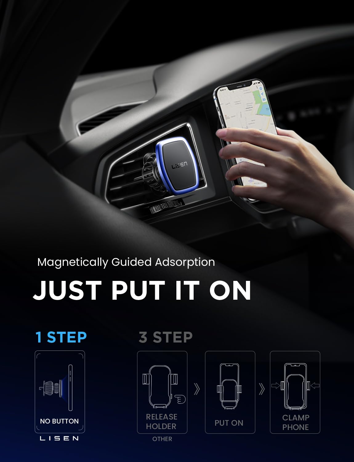 LISEN 2 Pack Magnet for Phone Car Mount Magnetic Phone Holder for Your Car Vent 6 Military Magnets Vent Cell Phone Holder Mount for Car Plate Fit All iPhone 16/15/14/13 Pro Max Plus Samsung S25