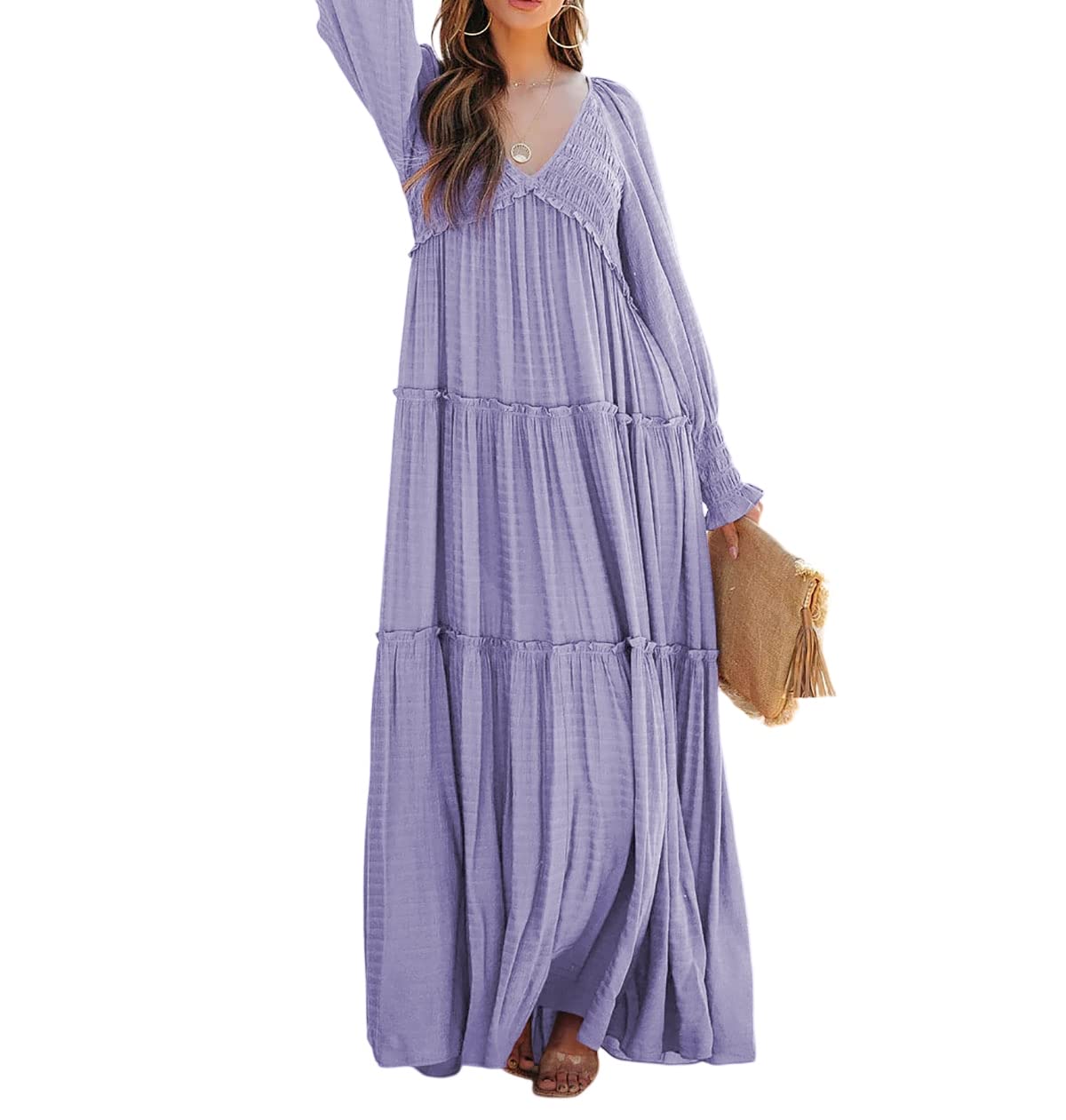 R.Vivimos Maxi Dress for Women Long Sleeve V Neck Empire Waist Layered Ruffle Boho Casual Flowy Long Dresses
