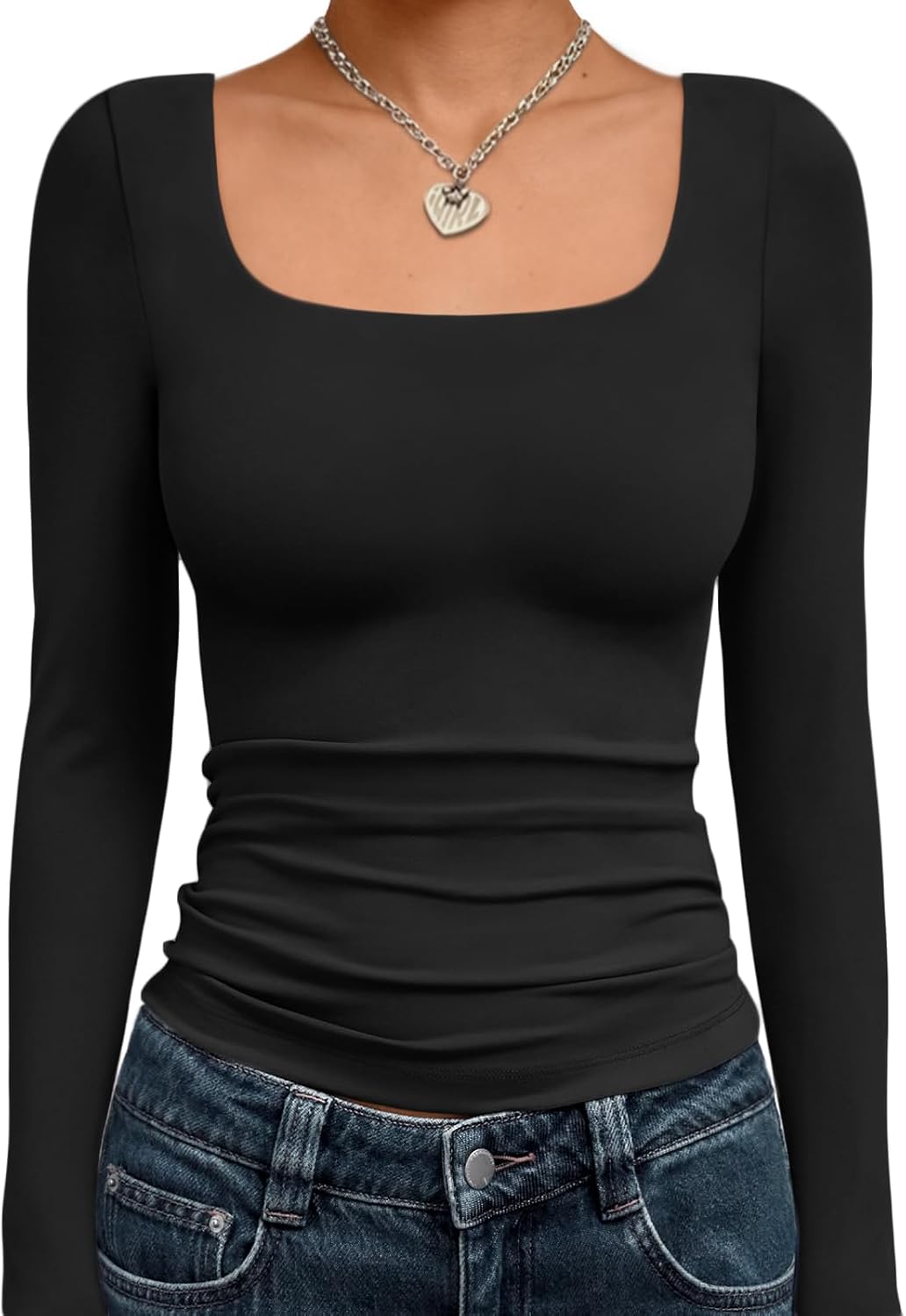 Trendy Queen Womens Long Sleeve Shirts Crop Tops Fall Fashion 2025 Square Neck Going Out Basics Tees Y2k Clothes