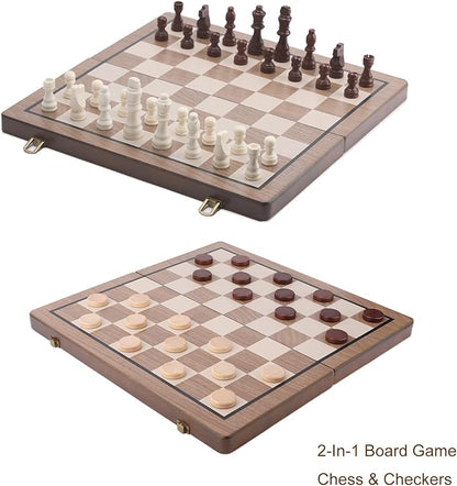 15 Inch Magnetic Wooden Chess Set with Folding Board and Chess Piece Storage Slot Handmade Portable Travel Chess Game Sets for Kids Adults Beginner and Pros Carry Bag 2 Extra Queens