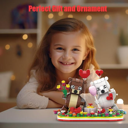 Valentines Brown and White Dancing Bear Couple Building Blocks Set Toy Valentine‘s Day Love Heart Ornament Gift Toy School Classroom Gift Exchange for Kids (Valentines Bears Set)