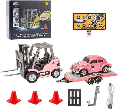 RC Forklift Truck with Trailer 1/64 Mini Alloy Remote Control Forklift 2 Mode Speed Truck with Cargo Hook Pallets RC Construction Vehicles for Adult