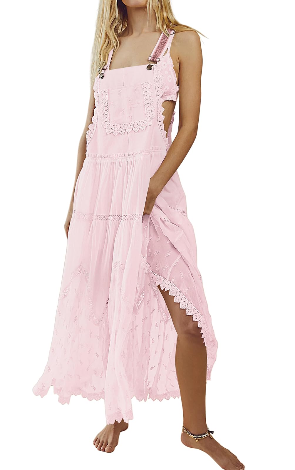 Women's Casual Lace Embroidered Maxi Dress Adjustable Strap Pleated Tiered Swing Long Dress with Pockets