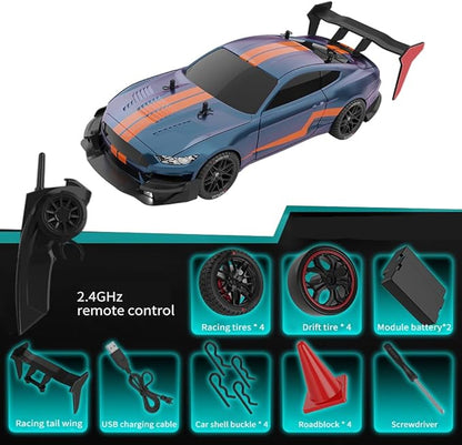 RC Drift Car 1:14 4WD 40KM/H High Speed RC Racing Car with LED Lights 2 Batteries Drifting and Racing Tires for Adults (Blue)