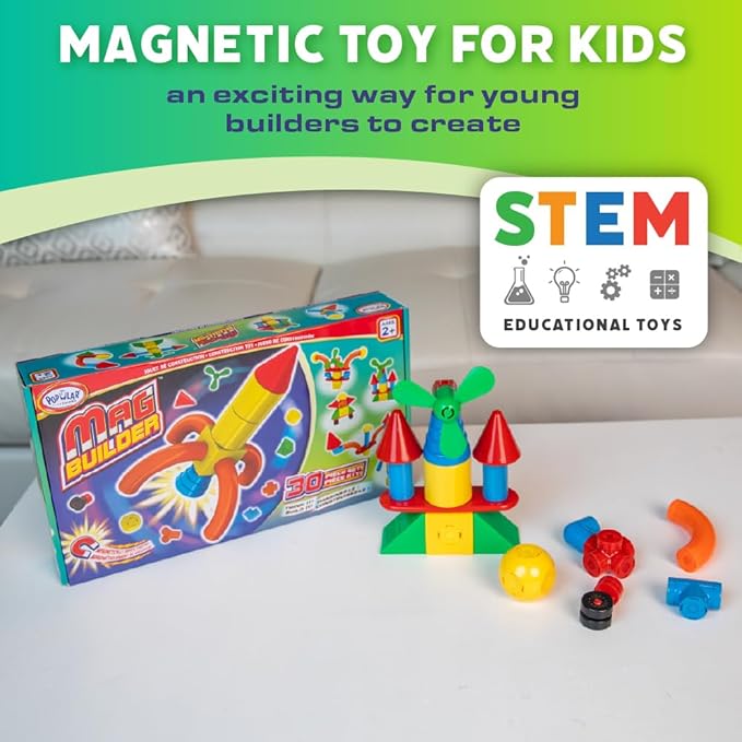 POPULAR PLAYTHINGS Mag Builder Building Set Magnetic Connecting Toy for Kids Imagination and Creative Play Crazy Shapes Gift for Children - 30 Piece