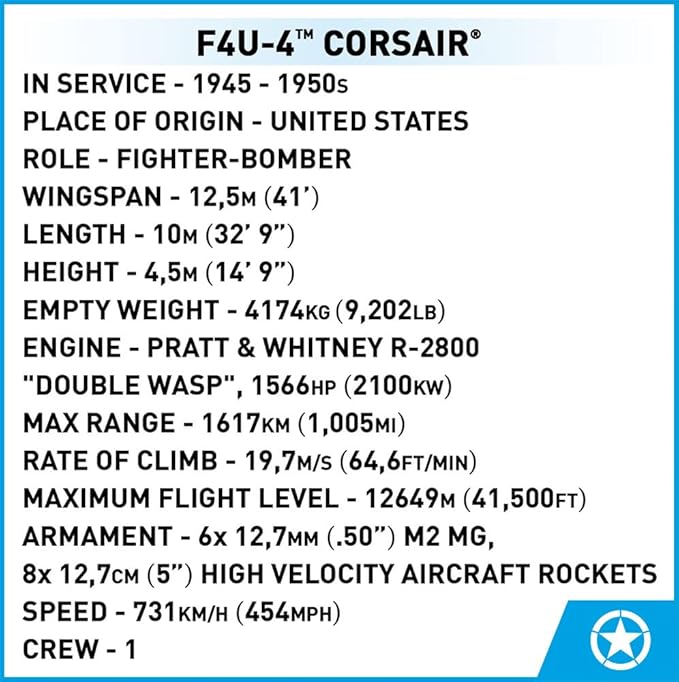 COBI Historical Collection Korean War F4U-4 ™ Corsair® Aircraft Building Set 520 Pieces