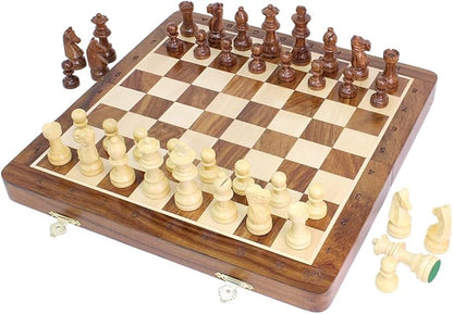 House of Chess - 10 Inch Wooden Magnetic Folding Travel Chess Set/Board with 2 Extra Knights 2 Extra Pawns 2 Extra Queens and Algebraic Notation - Handmade - Golden Rosewood