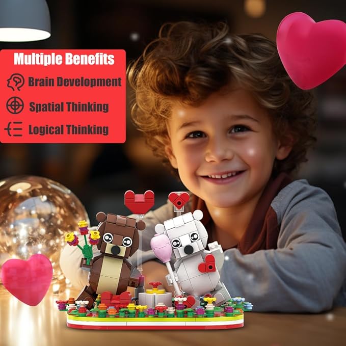 Valentines Brown and White Dancing Bear Couple Building Blocks Set Toy Valentine‘s Day Love Heart Ornament Gift Toy School Classroom Gift Exchange for Kids (Valentines Bears Set)