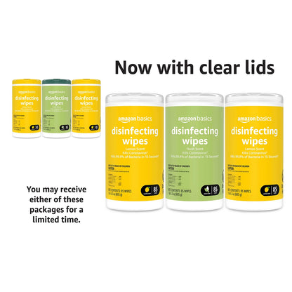 Amazon Basics Wipes, Lemon & Fresh Scent, Sanitizes, Cleans & Deodorizes, 255 Count (3 Packs of 85)