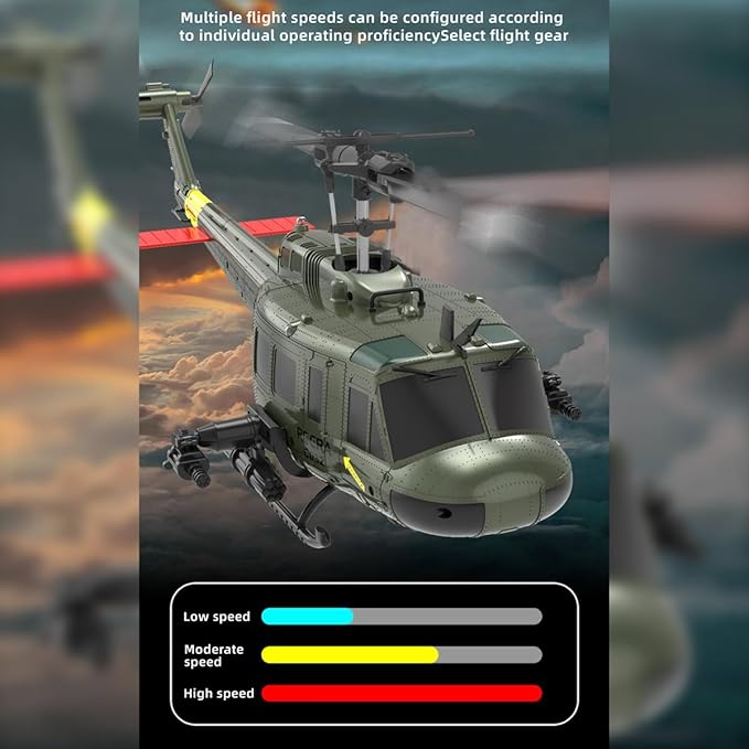 C032 UH-1 Huey RC Helicopter for Adults 1/48 Scale 2.4G 6CH Flybarless Remote Control Military Helicopter 3D Stunt Flight &amp High-Precision RC Airplane for Beginners (Yellow-Blue(2 Batteries))