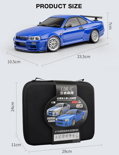 LD1899 1/18 Scale RC Drift Car GTR R34 2.4GHz RWD Mini Model Car with Gyro Alloy Body Shell Racing Cars for Adults Toys (Silver-Blue)