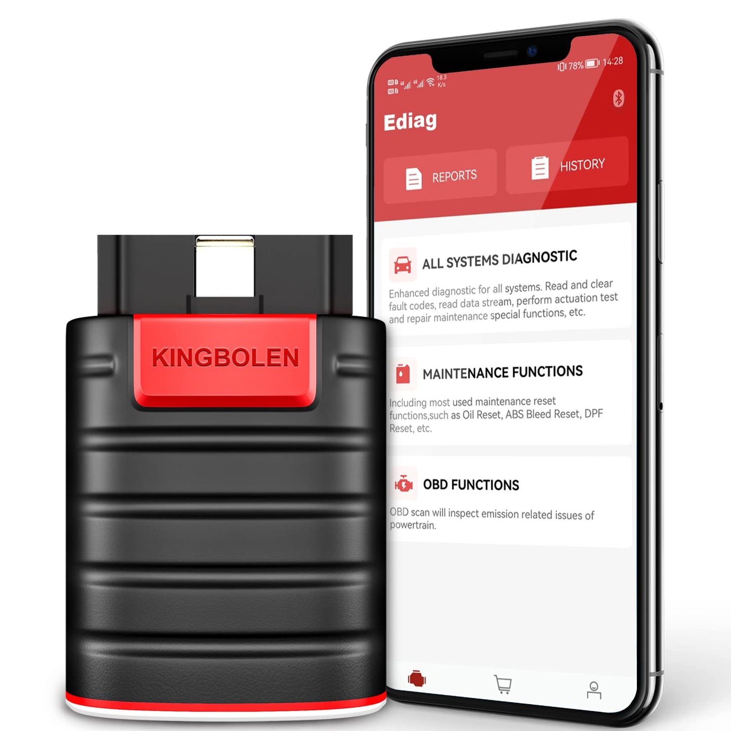 KINGBOLEN Ediag OBD2 Scanner Bluetooth, Bidirectional Scanner All System Diagnostic Tool for iOS & Android, ECU Coding, Active Test,15+ Reset Function, FCA AutoAuth, 1 Year Fr-ee Update from Thinkcar
