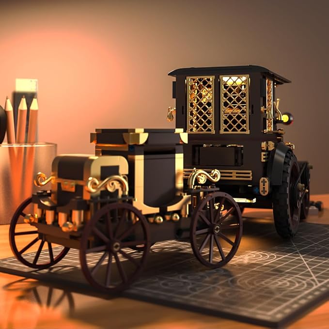 Retro Mechanical Steam Car Building Block Set MOC Classic Car Kit Supercar Toy Model Adult Building Block Car Collector Set (1-1)