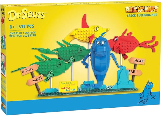 Brickcraft Officially Licensed Dr. Seuss One Fish Two Fish Red Fish Blue Fish with Fish Figures and Signage Included 571 Pieces Multicolored Brick Building Set