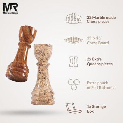 Marble Chess Set for Adults 15 Handmade Coral &amp Dark Brown Board Game with 32 Chess Pieces 2 Extra Queens &amp Storage Box Luxury Travel Game – Elegant Home Décor