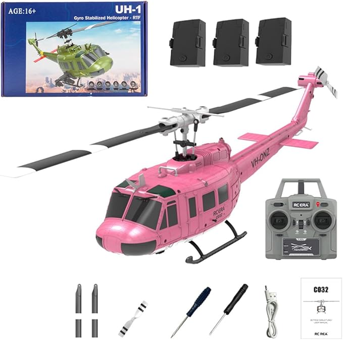 C032 UH-1 Huey RC Helicopter for Adults - 1/48 Scale 2.4G 6CH Flybarless Remote Control Helicopter Model 3D Stunt Flight &amp High-Precision RC Airplane (Pink (3 Batteries))