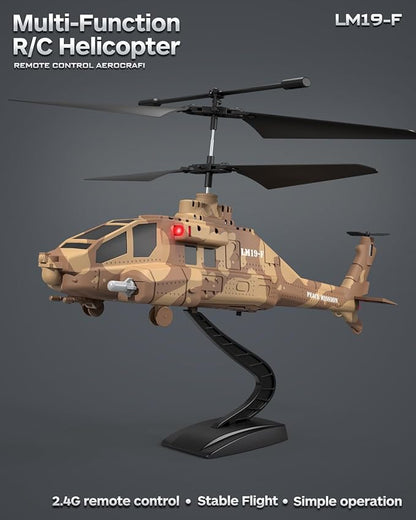 RC Helicopter with Missiles 2.4GHz Remote Control Army Helicopter for Beginners &amp Adults Military Helicopter LED Lights Altitude Hold One-Key Take Off Gift for Military Fans (Brown)