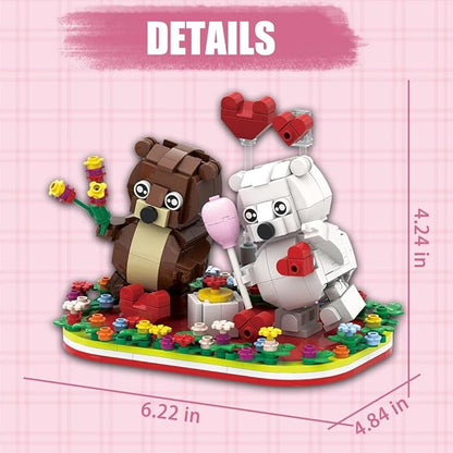 Valentines Brown and White Dancing Bear Couple Building Blocks Set Toy Valentine‘s Day Love Heart Ornament Gift Toy School Classroom Gift Exchange for Kids (Valentines Bears Set)