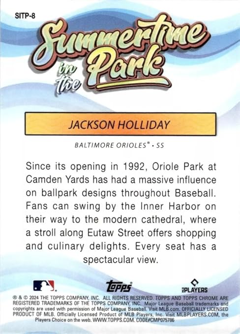 Hall of Fame Sports Memorabilia - 2024 Topps Chrome Jackson Holliday #SITP8 Summertime in the Park Baltimore Orioles Rookie RC Baseball Card