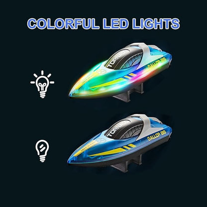 RC Boat with LED Light for Kids 15KM/H 2.4G Remote Control Boat with LED Lights RC Electric Boats for Pools and Lakes with Rechargable Batteries Toy for Adults and Kids
