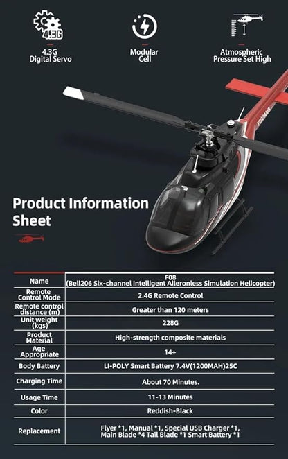 Hanll YUXIANG F08 Bell 206 RC Helicopter for Adults 1/27 2.4G 6CH Brushless Direct-Drive 6G Flybarless RC Helicopter with 6-Axis Gyro Optical Flow Positioning RTF/ 1 Battery