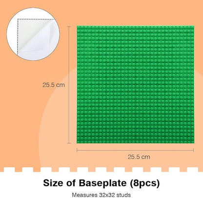 8 Pack Peel-and-Stick Building Baseplates 10”x10” Classic Self-Adhesive Boards - 100% Compatible with All Major Brands Sturdy Stacking Play Table Top Green/Grey/Blue/White