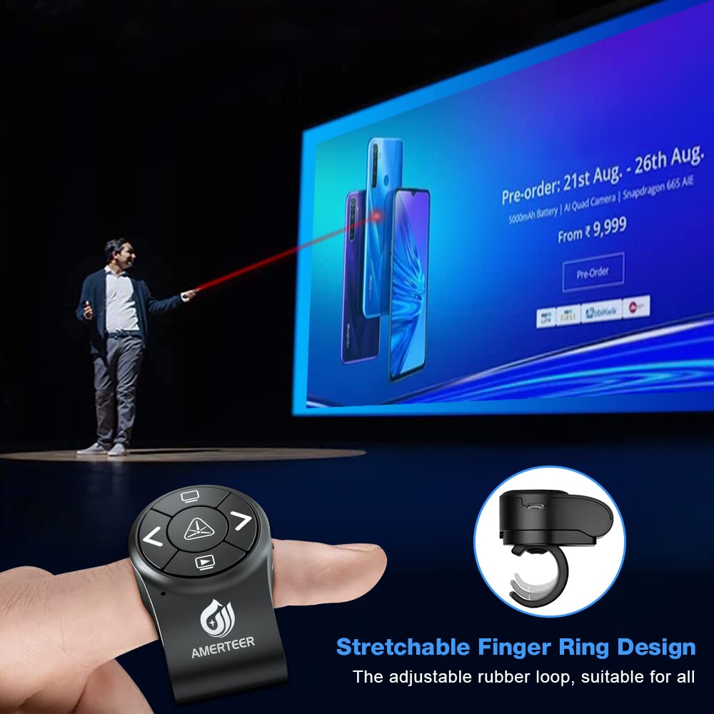 AMERTEER Bluetooth Wireless Presentation clicker for PowerPoint presentations, RF 2.4GHz Finger Ring Remote, PPT Slides Rechargeable