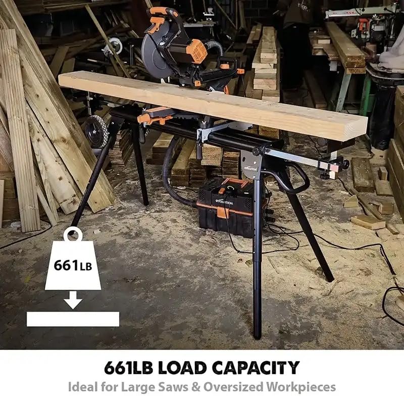 Evolution Power Tools Miter Saw Stand PLUS - Compact Folding Stand with Extendable Arms, Large Wheels, Universal Fittings for Most Brands Evolution, Makita, DeWalt, Bosch, Ryobi, Einhell and Metabo