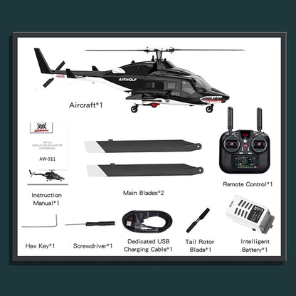 1/34 Scale AW-911 Air-Wolf RC Helicopter 2.4G 9CH Flybarless Airplanewith 6G/3D Stunt Mode and GPS Positioning (RTF Version/Mode 1/Mode 2)