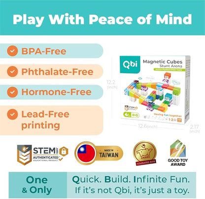 QBI Magnetic Building Blocks Car Track Set 46PCS STEM Learning Toys for Kids Ages 4-8 Sensory Magnetic Blocks with 2 Push-and-go Cars | Educational Montessori Magnet Cubes for Boys &amp Girls