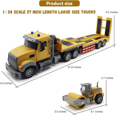 RC Semi Truck Remote Control Semi Truck and Trailer Toy 22.5 Inch 2.4Ghz Semi Truck Toy with Sound and Lights Road Roller Model 1/24 RC Construction Vehicles Toy for Adults &amp Kids Boys
