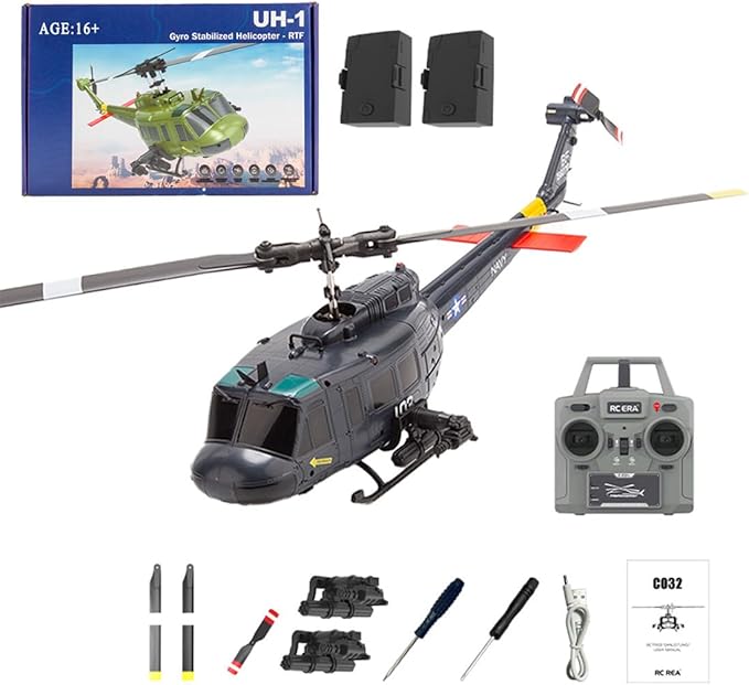 C032 UH-1 Huey RC Helicopter for Adults - 1/48 Scale 2.4G 6CH Flybarless Remote Control Helicopter Model 3D Stunt Flight &amp High-Precision RC Airplane (Dark Blue(2 Batteries))
