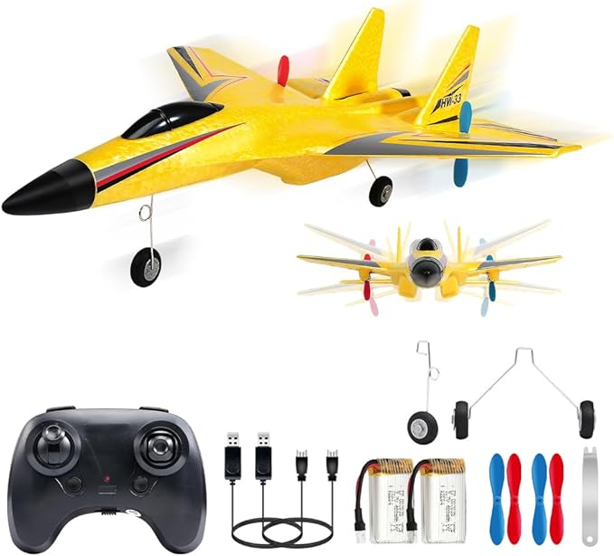 SU-27 RC Airplane2.4GHz 2 Channel Remote Control Plane with Gyro Night Lights and 2 Batteries Easy to Fly for Adults Beginners and Kids Yellow Toy
