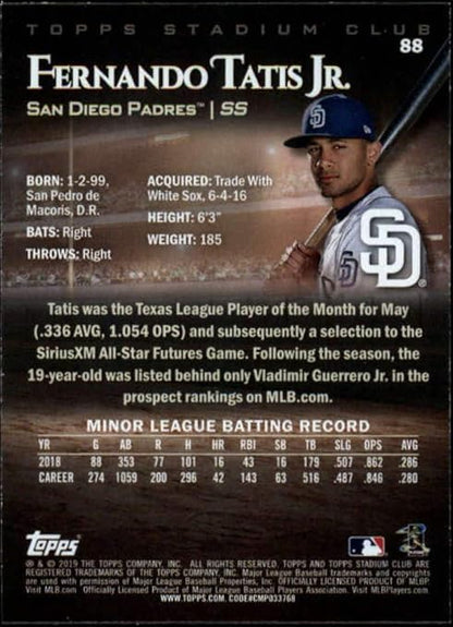 2019 Stadium Club #88 Fernando Tatis Jr. RC Rookie San Diego Padres MLB Baseball Trading Card