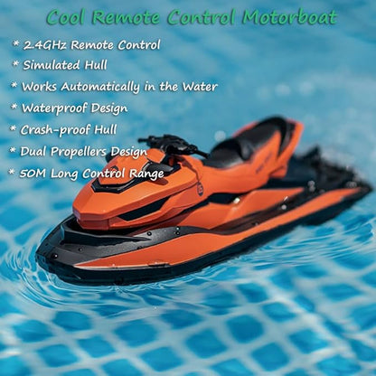 Miracland 2.4GHz Remote Control Jet Ski High Speed RC Motorboat Water Toy with Dual Propellers 2 Speed Levels 50 Meters Control Range (Orange)
