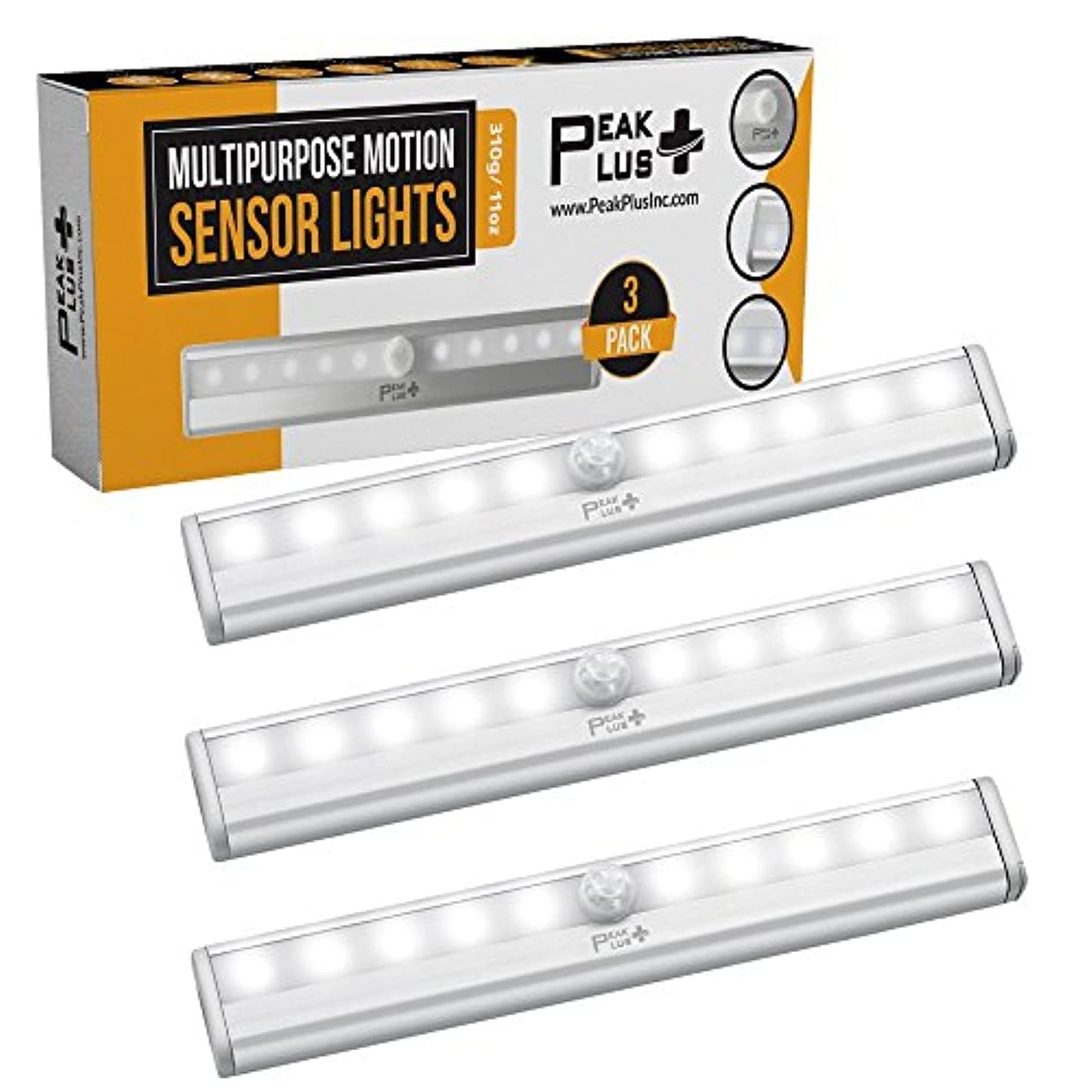 LED Motion Sensor Light 10 LED Battery Operated Lights - LED Under Cabinet Lighting - Stick On Lights Magnetic Wireless Motion Sensor Night Light for Closet Counter Stairway [3 Pack] by PeakPlus