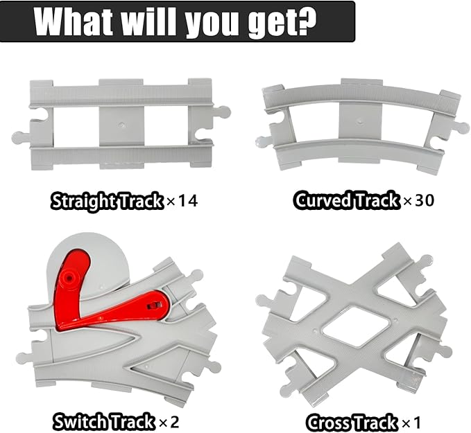 47-Piece Train Track SetClassic Railway Track with 30 Curved Tracks14 Straight Tracks2 Switch and 1 crossoverTracks-Compatible with All Major BrandsLight Grey Toy Track Accessory for Kids