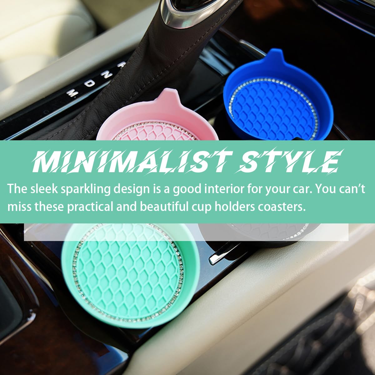 zipelo Bling Car Cup Coaster, 4 Pack Universal Vehicle Anti-Slip Cup Holder Insert Coasters, Crystal Rhinestone Silicone Shockproof Drink Mat, Car Interior Accessories (Mint Green)