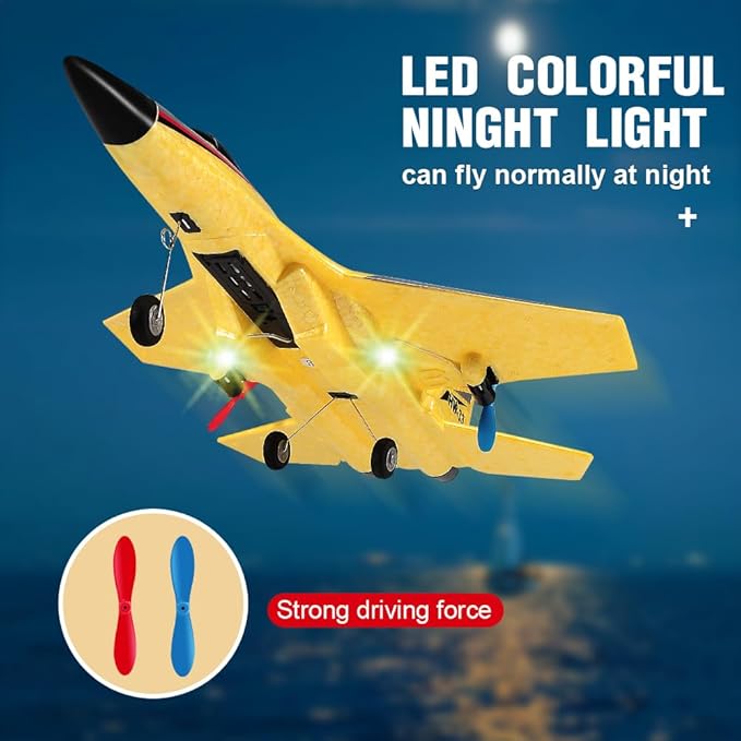 SU-27 RC Airplane2.4GHz 2 Channel Remote Control Plane with Gyro Night Lights and 2 Batteries Easy to Fly for Adults Beginners and Kids Yellow Toy