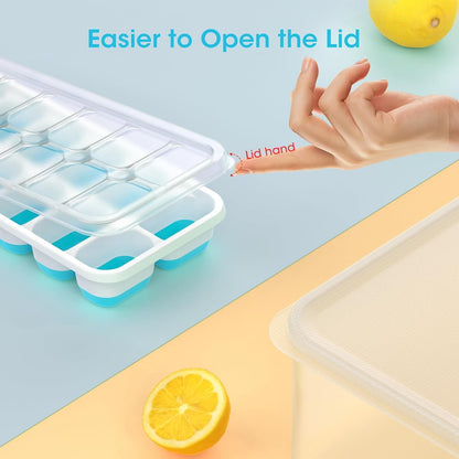 DOQAUS Ice Cube Tray with Lid and Bin, 4 Pack Silicone Plastic Ice Cubes Trays for Freezer with Box/Container, Stackable with Storage Iced Bucket Kits, Scoop, for RV, Soup, Food, Cocktail, Coffee